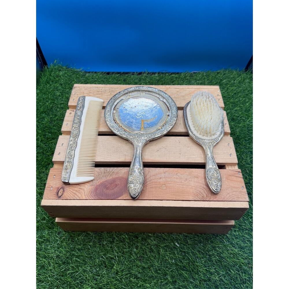 Vintage Silver-Plated Repoussé Vanity Set - 3 Piece - Mirror/ Brush/ Comb